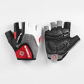 Red half finger cycling gloves laid flat, showing the gel padded synthetic suede palm