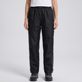 Women's rain trousers in Black, front view, elasticated waist, reflective strips and ankle tabs