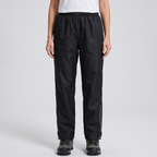 Women's rain trousers in Black, front view, elasticated waist, reflective strips and ankle tabs