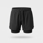 Men's 2 in 1 running shorts in Black, front view, showing the compression liner below the outer hem