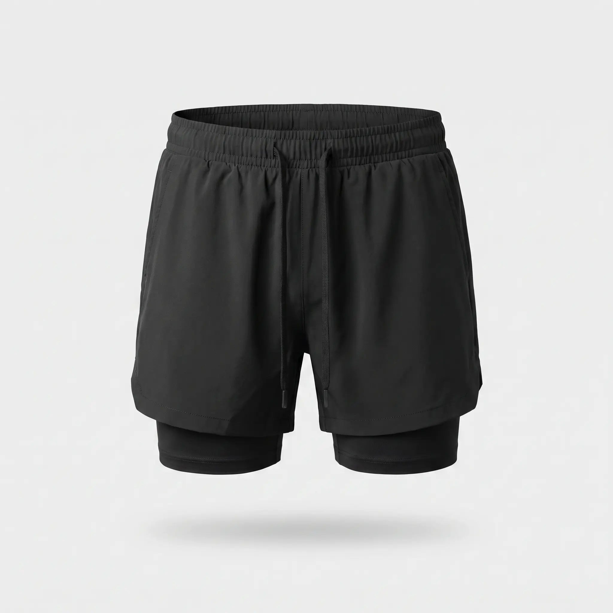 Men's 2 in 1 running shorts in Black, front view, showing the compression liner below the outer hem