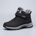 Fur lined winter boot in Black, three-quarter view, plush collar and hook-and-loop strap