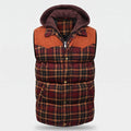 Men's tartan check hooded gilet in Burgundy Check - front view