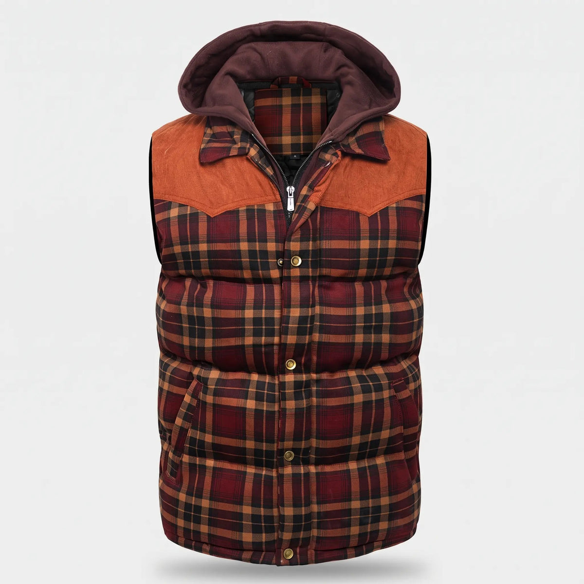 Men's tartan check hooded gilet in Burgundy Check - front view