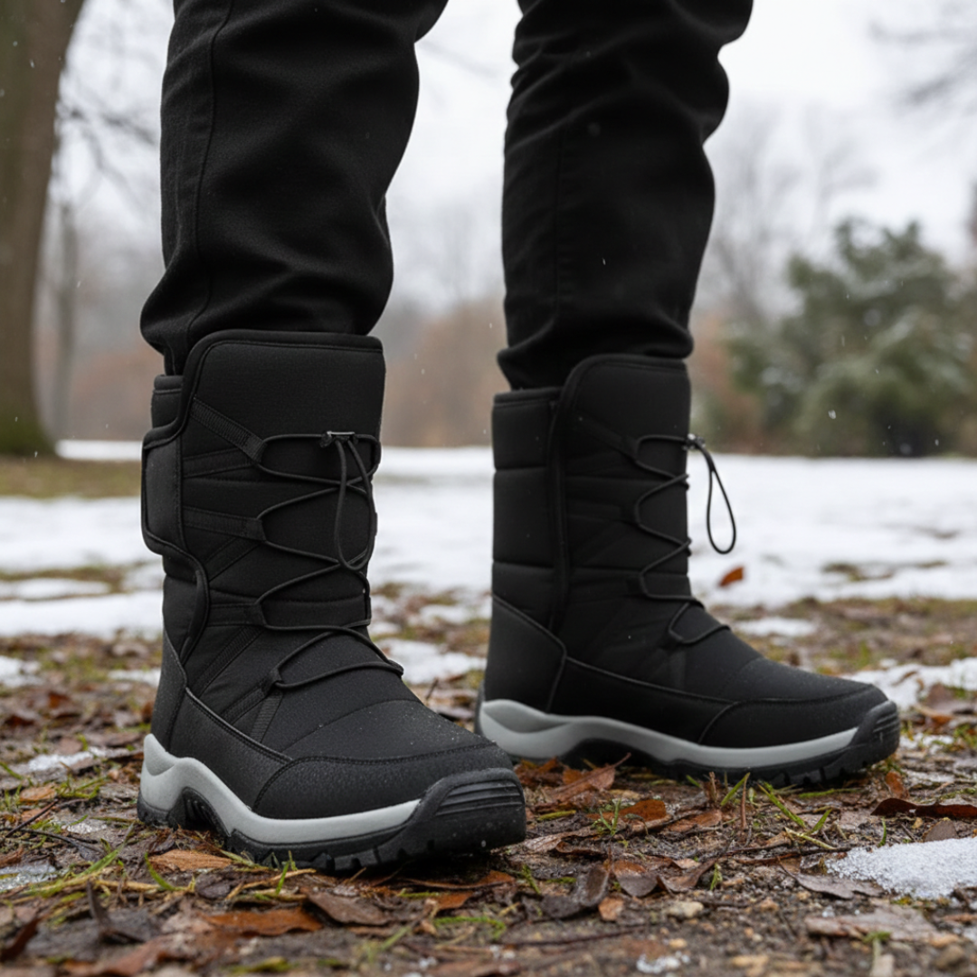 Fur lined snow boots for women and men in Black, worn outdoors