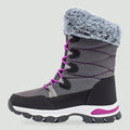 Women's insulated snow boots in Grey with faux fur cuff, side view