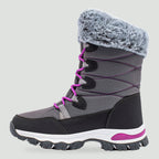 Women's insulated snow boots in Grey with faux fur cuff, side view