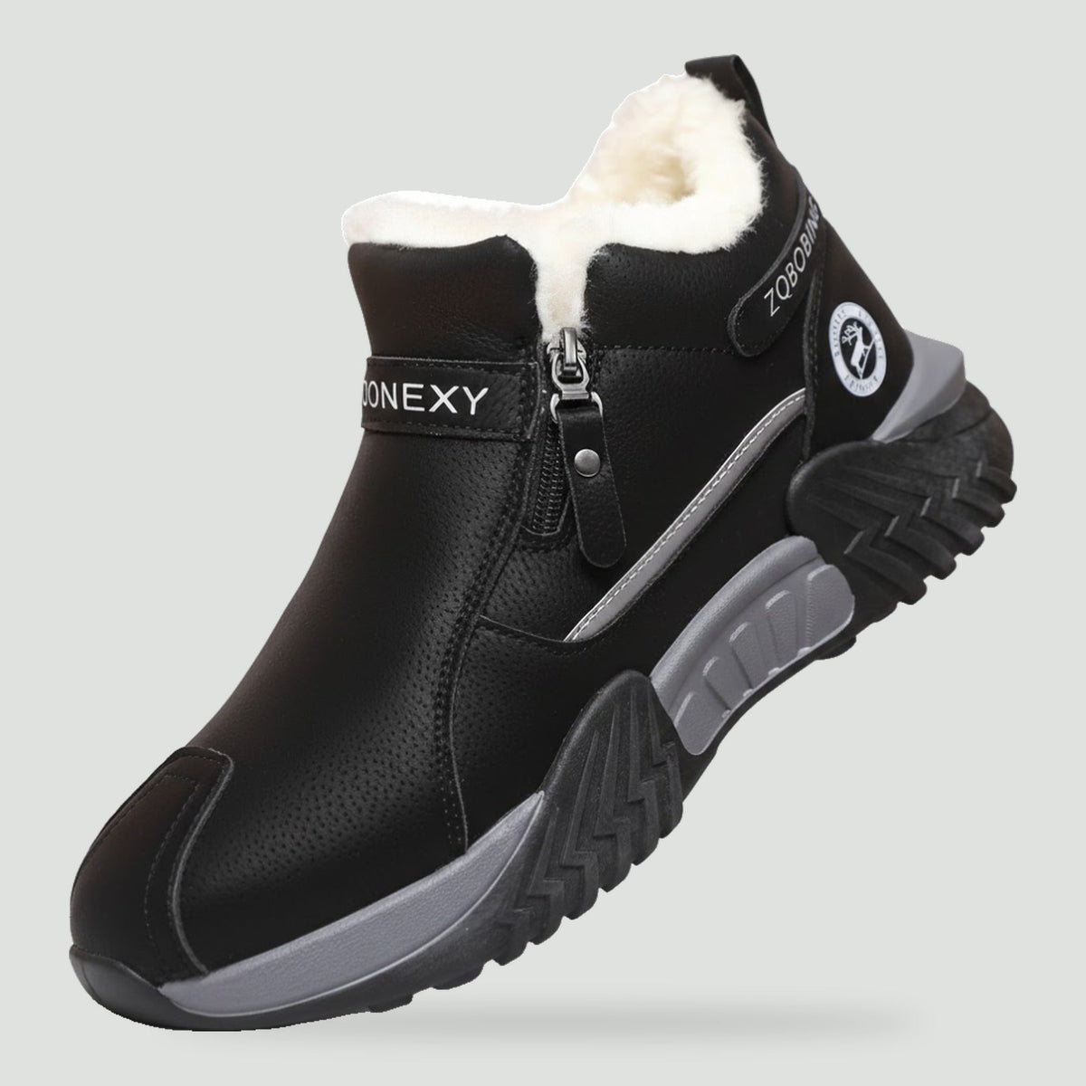 Men's fur lined boots in Black with fleece lining and side zip, side view
