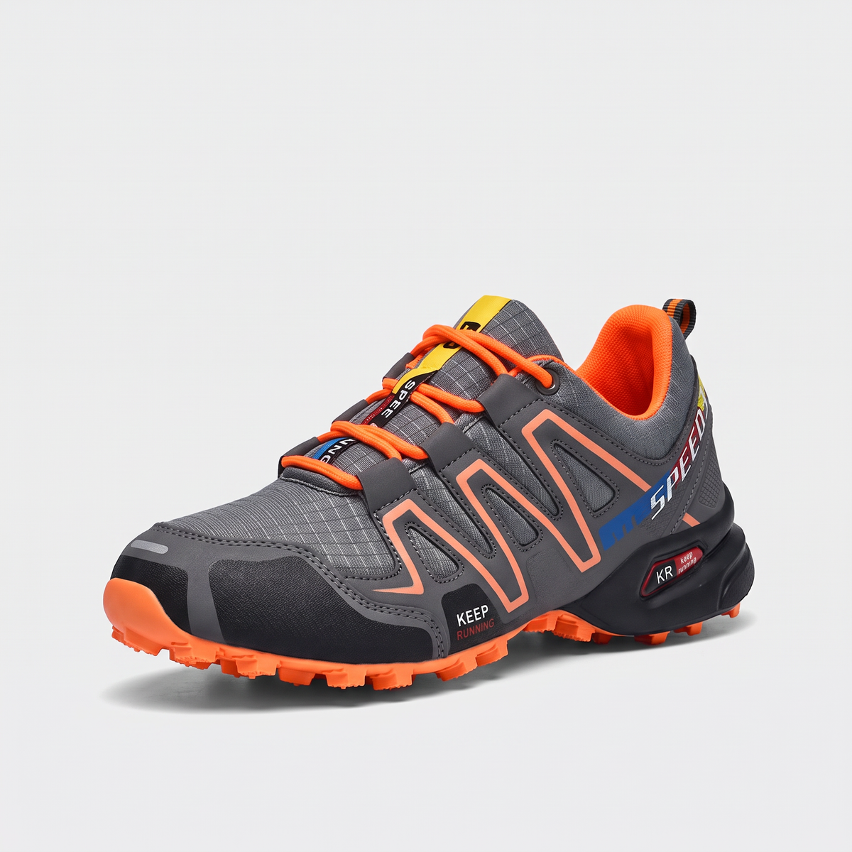 Terrabound Men's Trail Shoes - Grey/Orange 3/4 angle showing toe cap and lacing