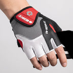 Red fingerless cycling gloves worn on the hand, showing the stretch mesh back panel and wrist strap