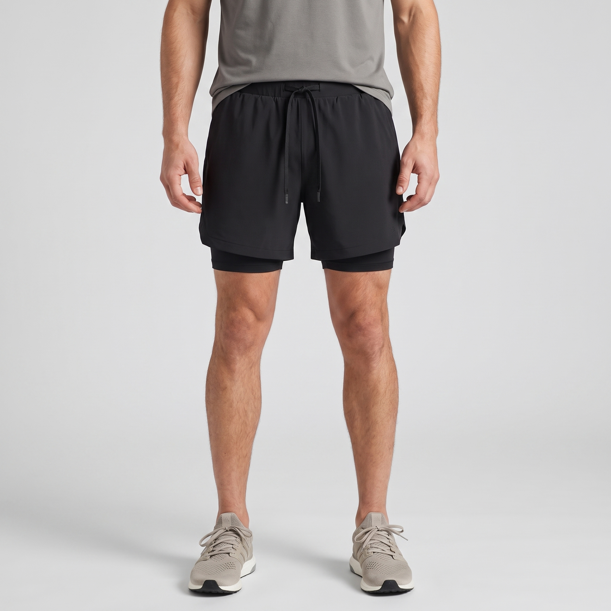 Man wearing the Black 2 in 1 running shorts, front view with running shoes