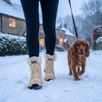 Walking a spaniel on a snowy village lane in the Beige fur lined snow boots
