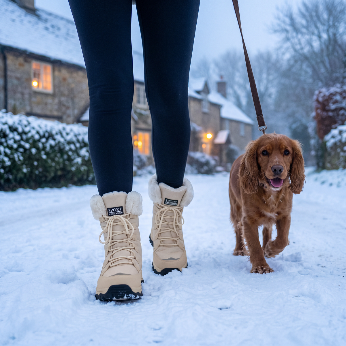 Walking a spaniel on a snowy village lane in the Beige fur lined snow boots