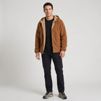 Man wearing the Tobacco Brown sherpa hooded fleece jacket - full length