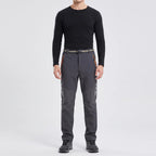 Men's fleece lined walking trousers in Dark Grey, front view with belt and zipped hand pockets