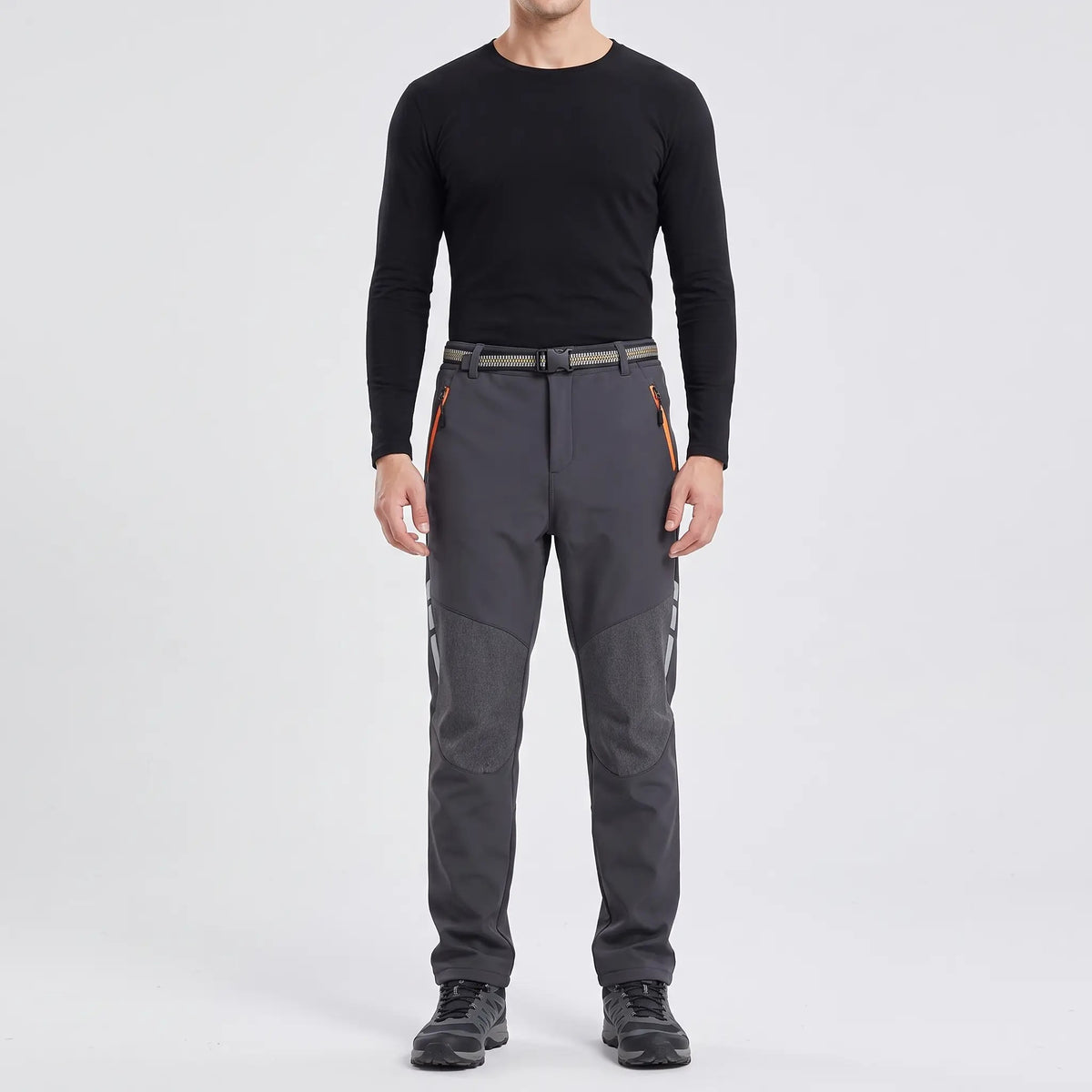 Men's fleece lined walking trousers in Dark Grey, front view with belt and zipped hand pockets