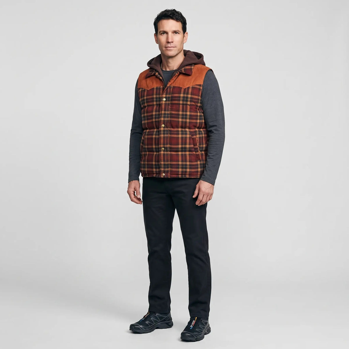 Man wearing the Burgundy Check hooded gilet - full length