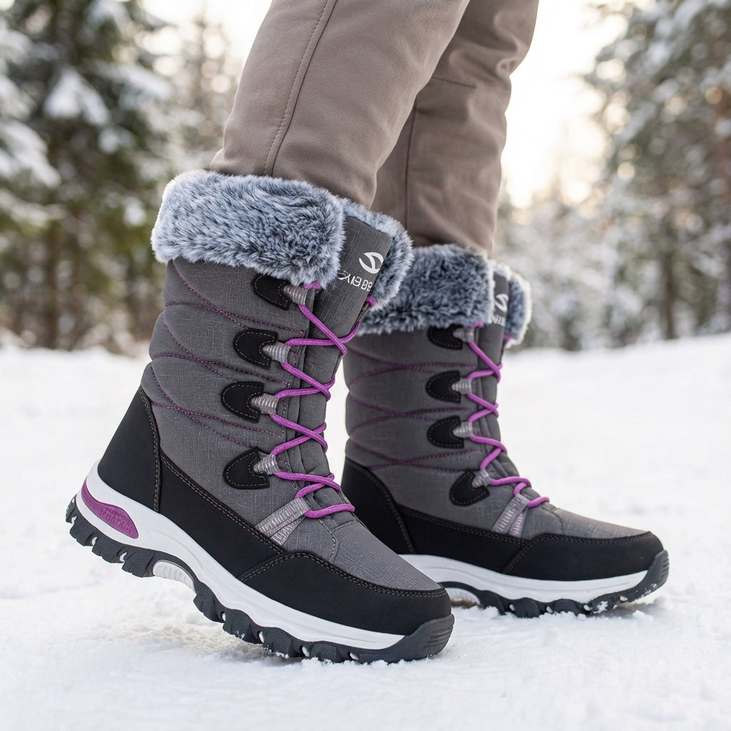 Woman wearing the Grey faux fur snow boots in the snow