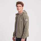 Men's khaki windproof fleece jacket worn, three-quarter view