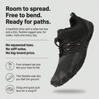 Barefoot shoe infographic: room to spread, free to bend, ready for paths