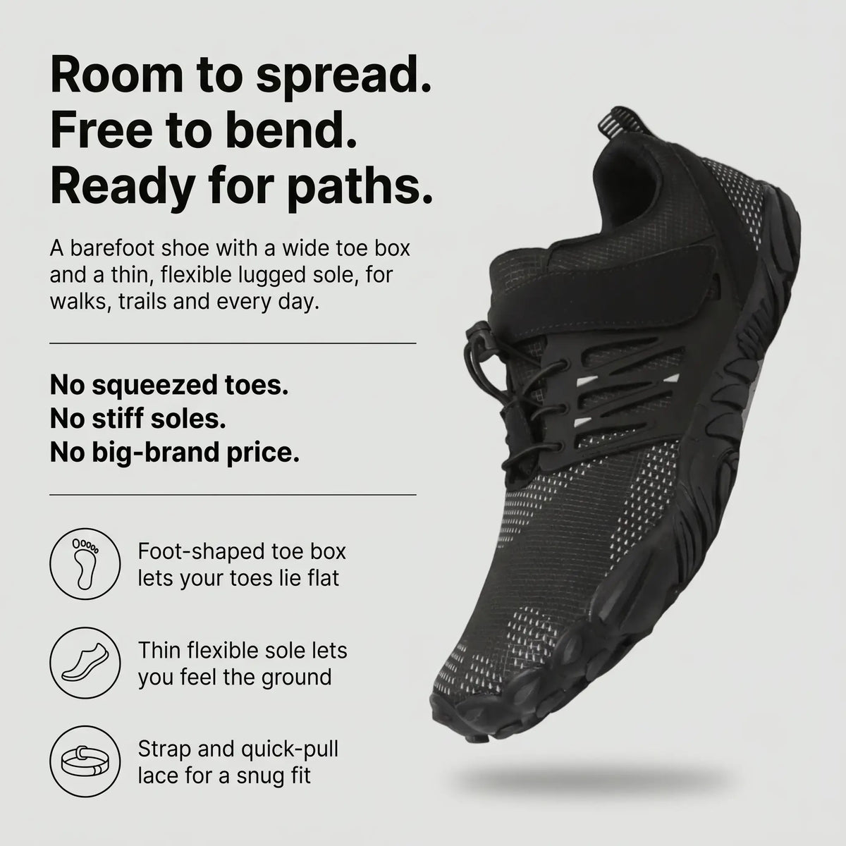 Barefoot shoe infographic: room to spread, free to bend, ready for paths