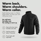 Heated jacket with eight heating zones on the back, shoulders and collar, run from a USB power bank sold separately
