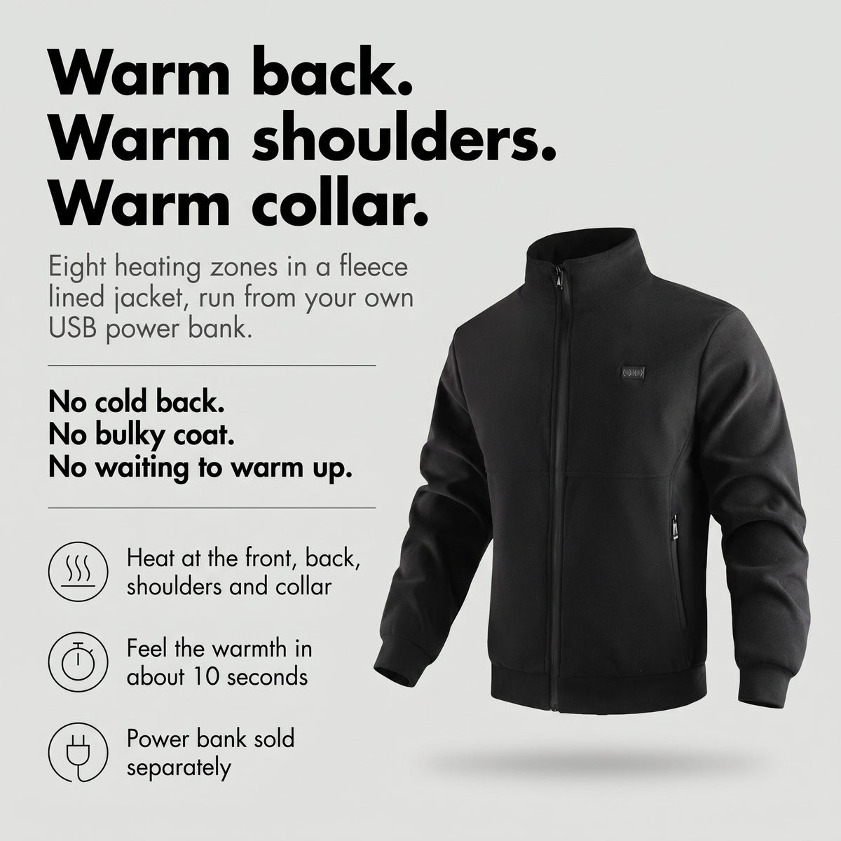 Heated jacket with eight heating zones on the back, shoulders and collar, run from a USB power bank sold separately