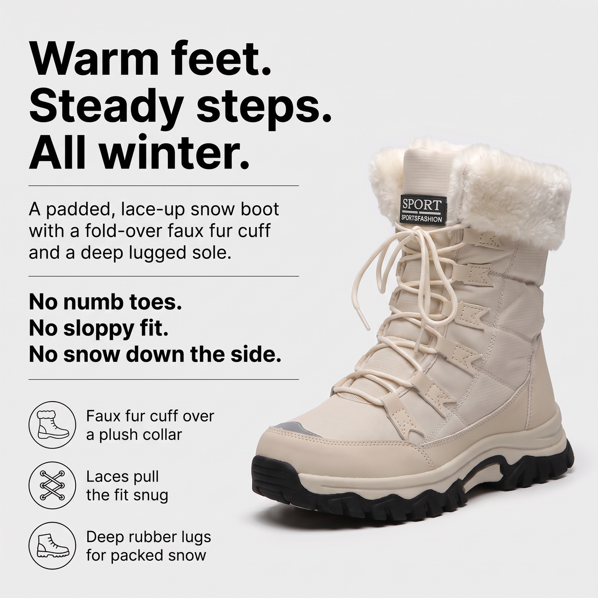 Warm feet, steady steps, all winter: faux fur cuff, snug laces and deep rubber lugs