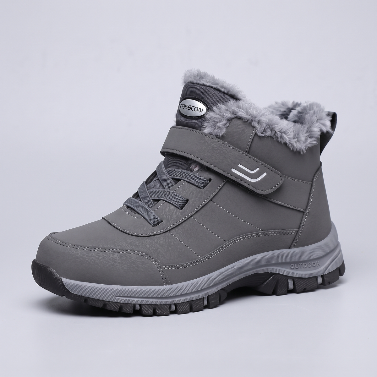 Fur lined winter boot in Grey, three-quarter view