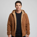 Men's sherpa jacket in Tobacco Brown worn open over a black T-shirt