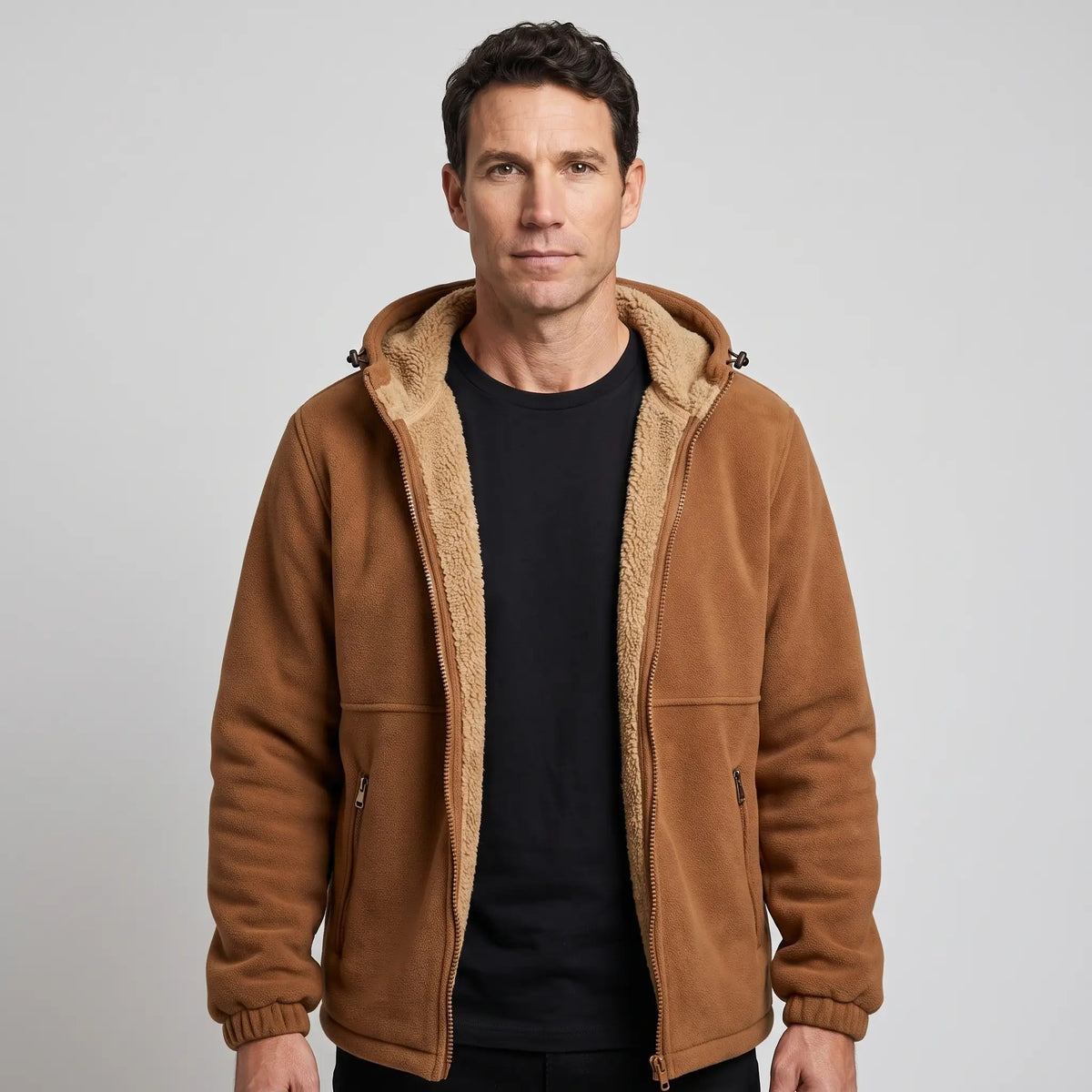 Men's sherpa jacket in Tobacco Brown worn open over a black T-shirt