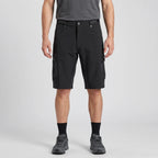 Black MTB shorts worn, front view with zipped thigh pockets
