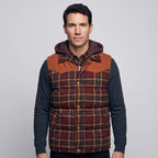 Burgundy Check hooded gilet worn closed - front