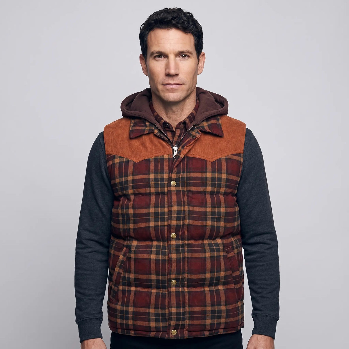 Burgundy Check hooded gilet worn closed - front