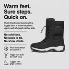 Snow boots with a plush lining, toggle lace and lugged rubber sole