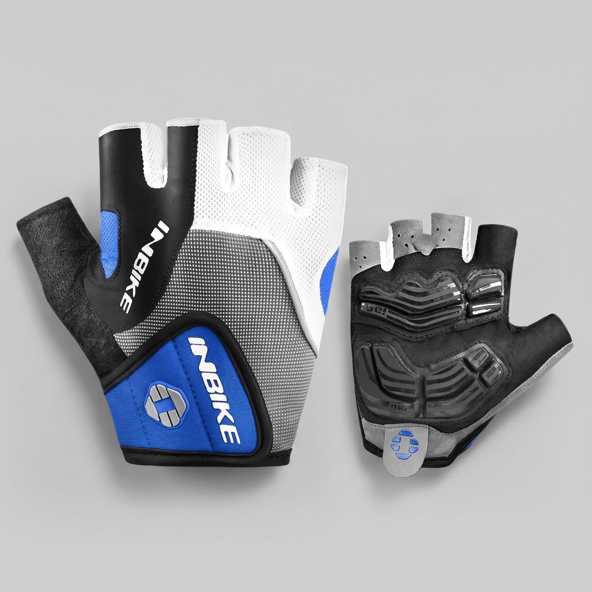 Blue half finger cycling gloves laid flat, showing the gel padded palm