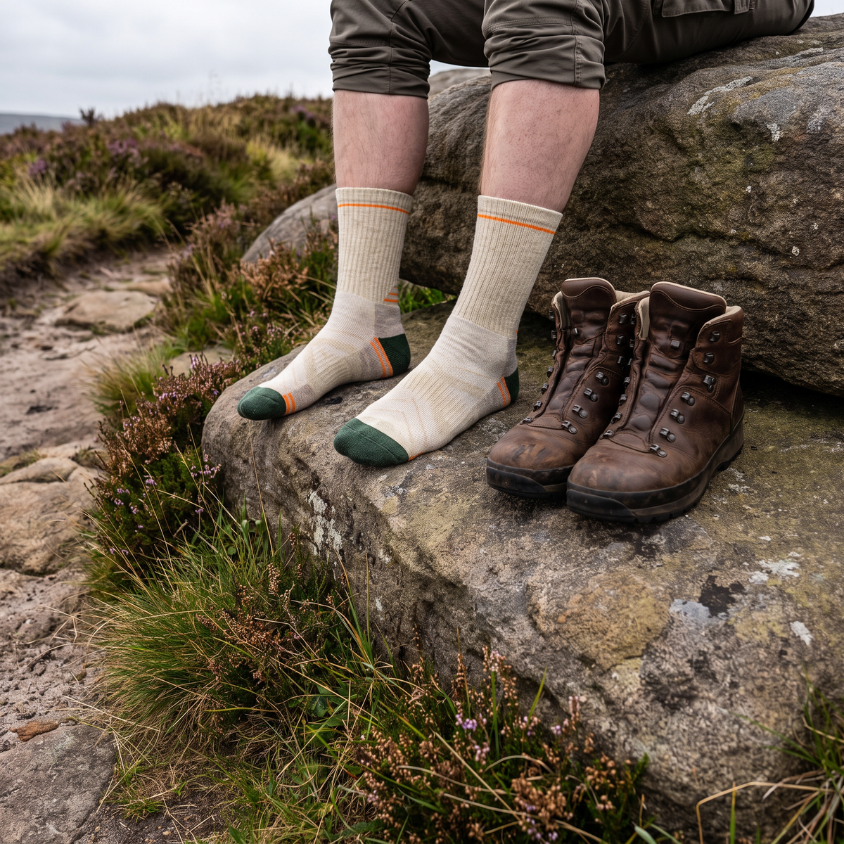 Walker resting on a gritstone boulder on a UK moorland path wearing the socks, boots unlaced beside them