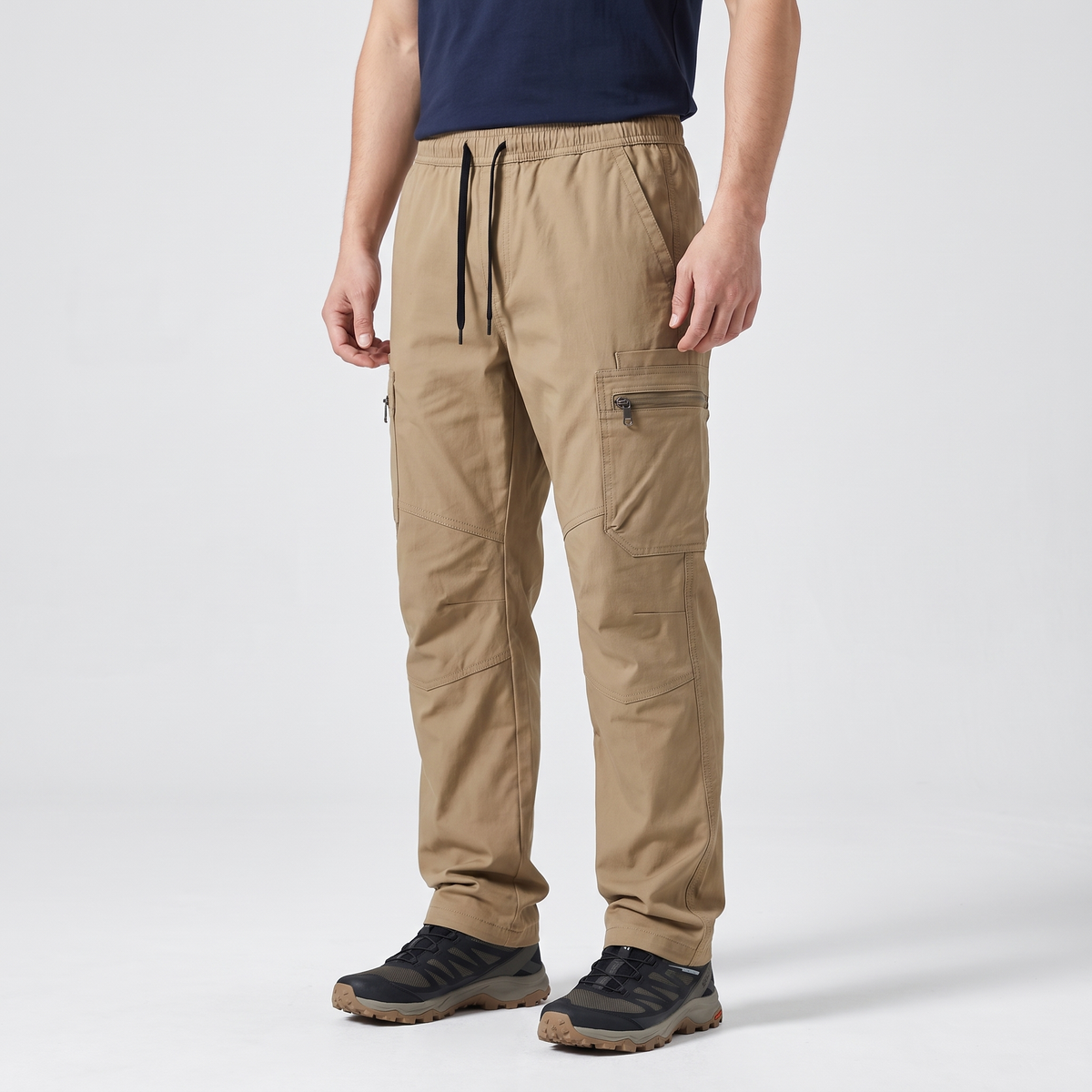 Dark Khaki combat trousers, three-quarter view showing the zipped thigh cargo pocket