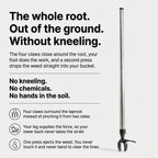How it works: four claws close around the root and your foot does the work