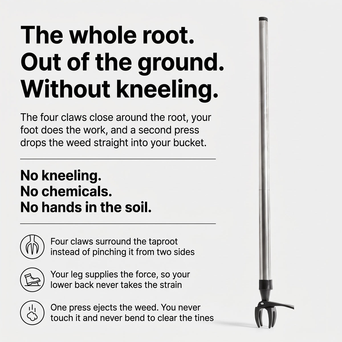 How it works: four claws close around the root and your foot does the work