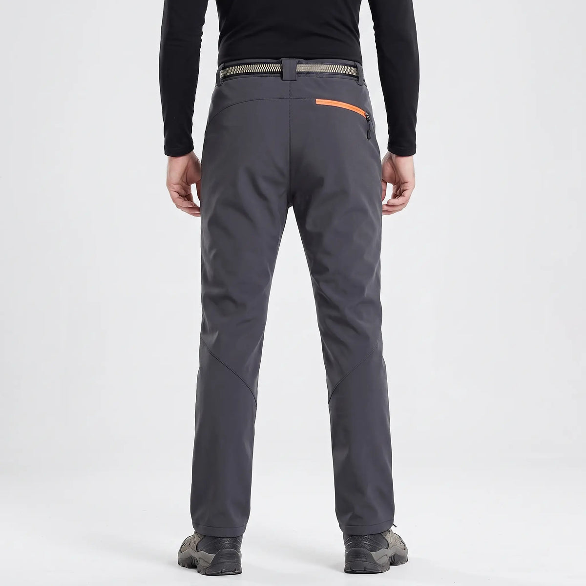 Men's fleece lined walking trousers in Dark Grey, back view with zipped rear pocket and articulated knees