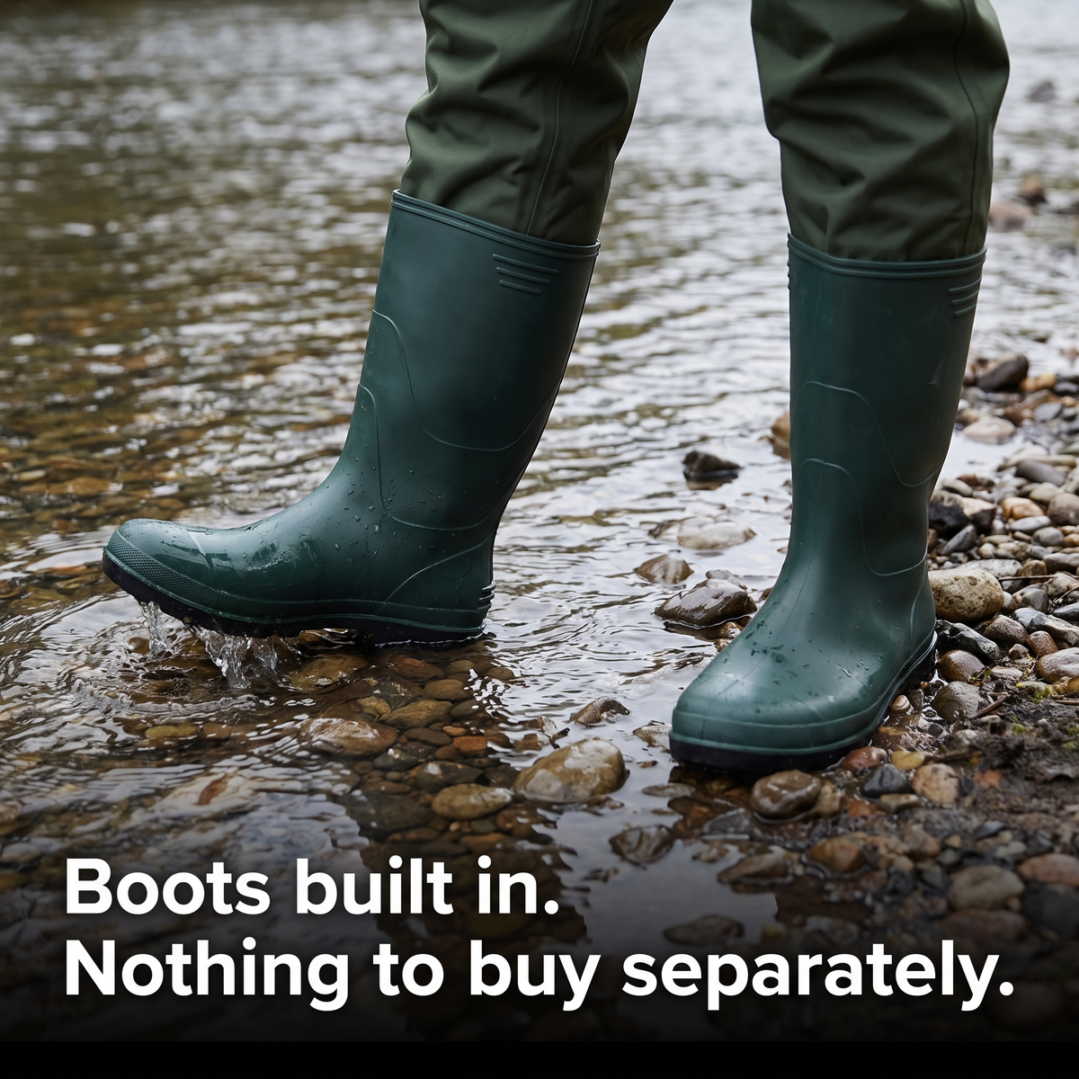 Rubber boots built into the waders stepping off a pebble bank