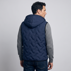 Navy hooded gilet, back view with hood