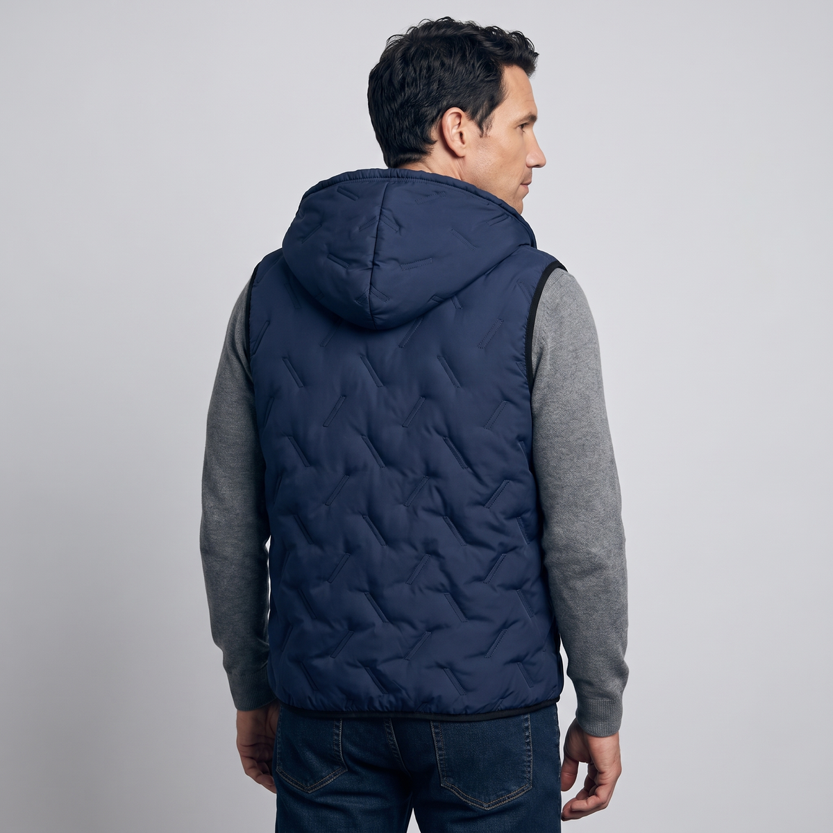 Navy hooded gilet, back view with hood