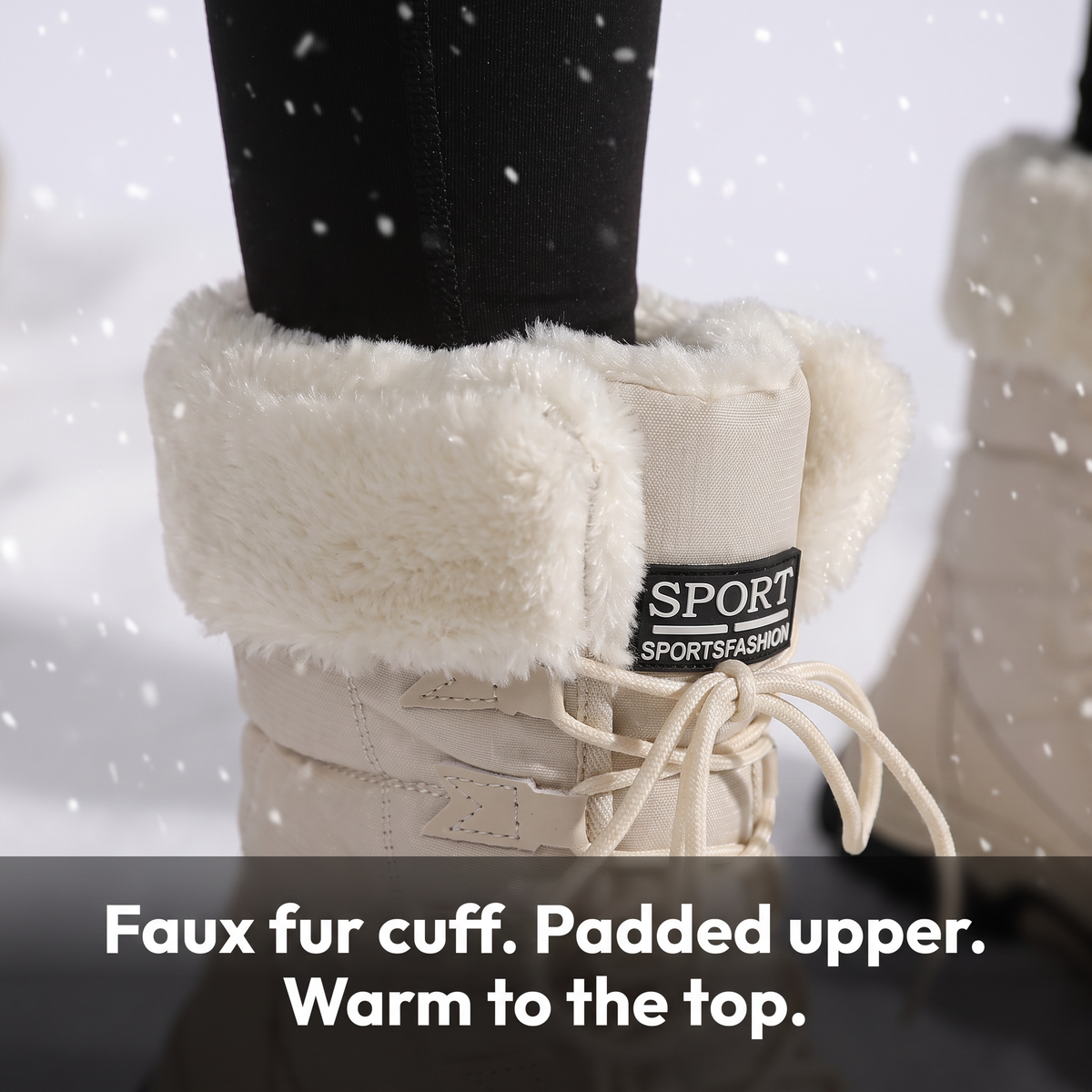 Close-up of the faux fur cuff and padded quilted upper worn in the snow