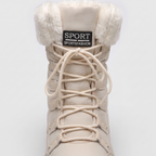 Lace-up front of the snow boot with laces through stitched loops