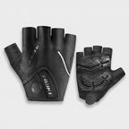 Black half finger cycling gloves laid flat, showing the gel padded palm
