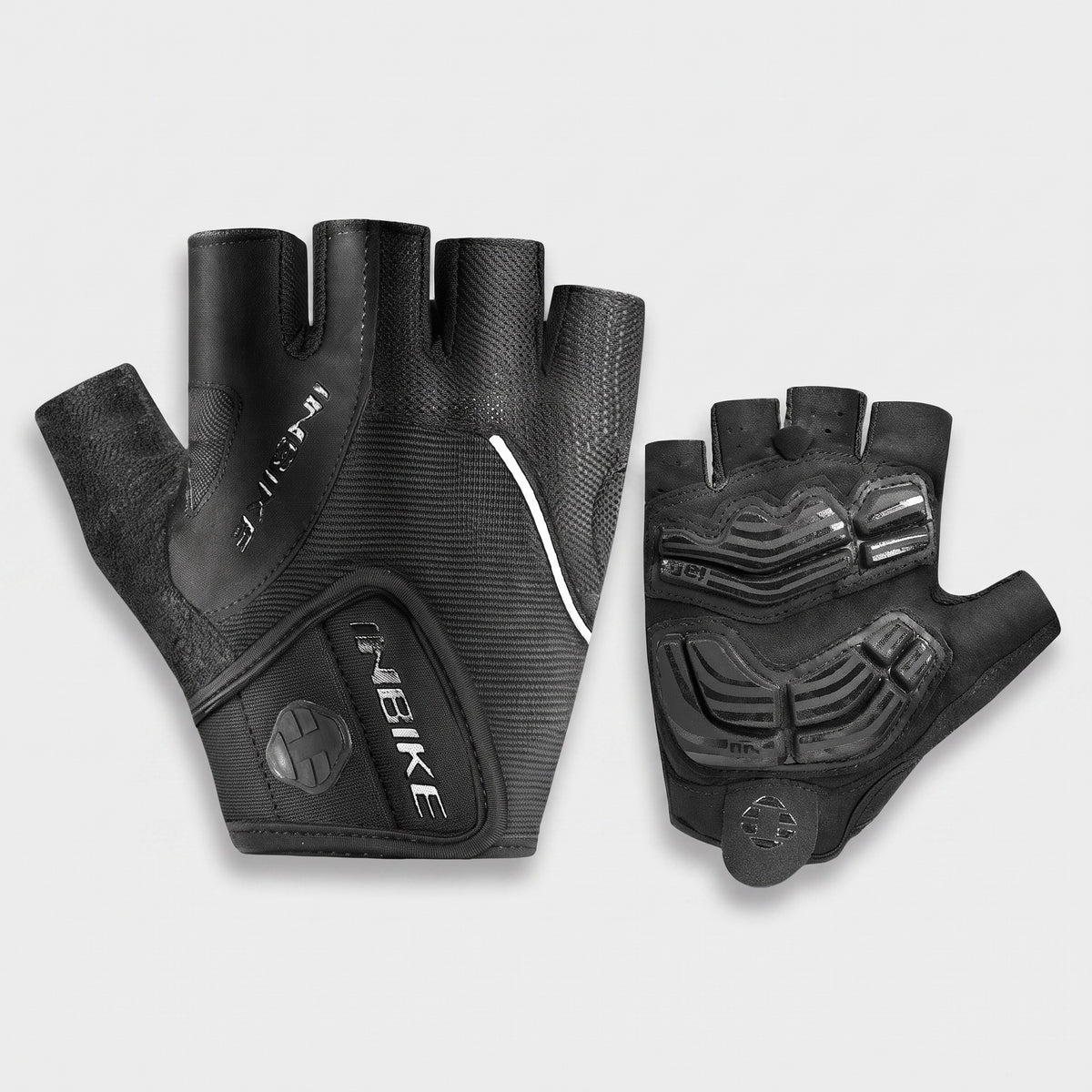 Black half finger cycling gloves laid flat, showing the gel padded palm