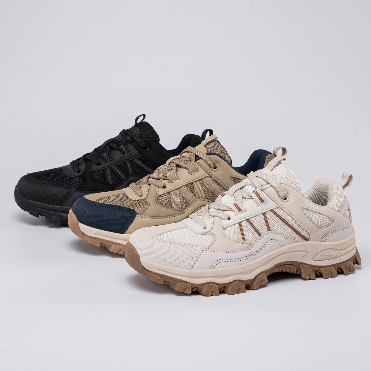 Lightweight Hiking Shoes - Black, Khaki and Beige side by side