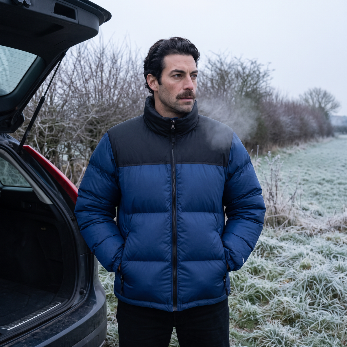 Man in the Navy colour block puffer jacket standing at a car boot on a frosted verge at first light